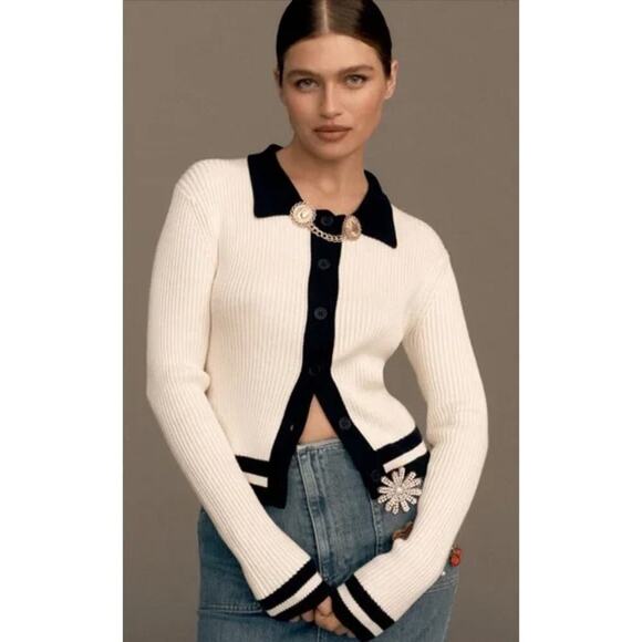 Anthropologie Women's Central Park West Colorblock Preppy Polo Cardigan Sweater - Picture 1 of 8